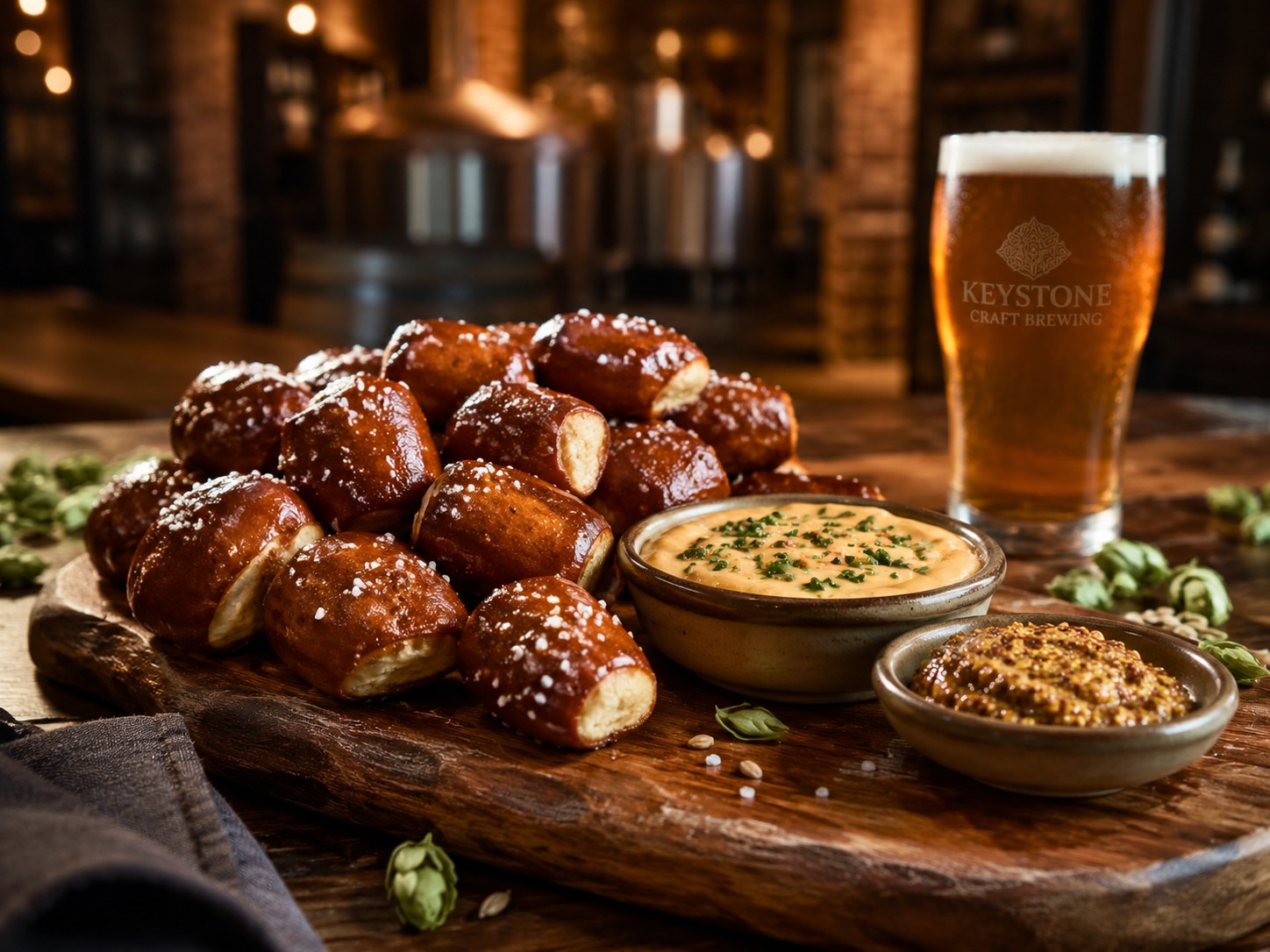 Soft pretzel bites with beer cheese and mustard
